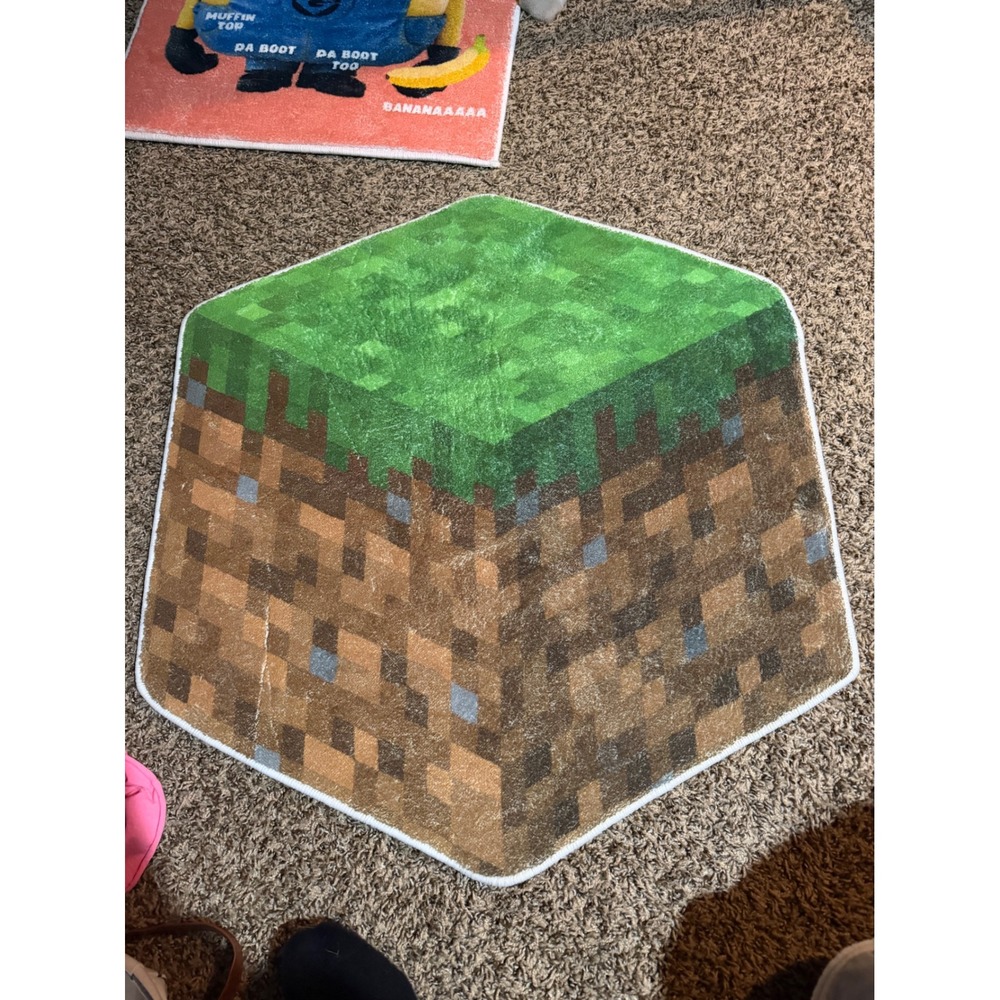 Minecraft Grass Block Area Rug 3D Hexagon Pixel Art Gaming Decor Green Brown